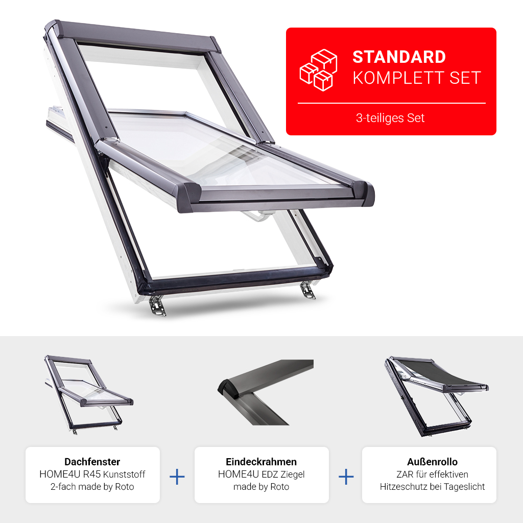 Dachfenster, Kunststoff, Schwarz, Dachfensterrahmen, Isolierglas, Dachfenster, Kunststoff, 3-teiliges Set, Außenrollo, Einsicht_Scharnier, Dachfenster, Kunststoff, 2-fach, Dachfensterrahmen, Glas